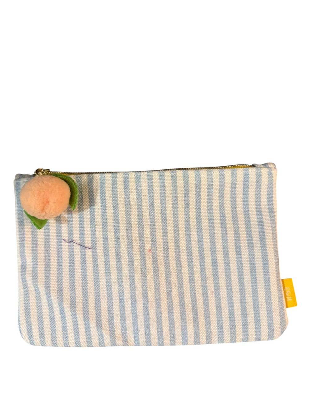 ipsy Blue & White Striped Cosmetic Pouch with Peach Pom